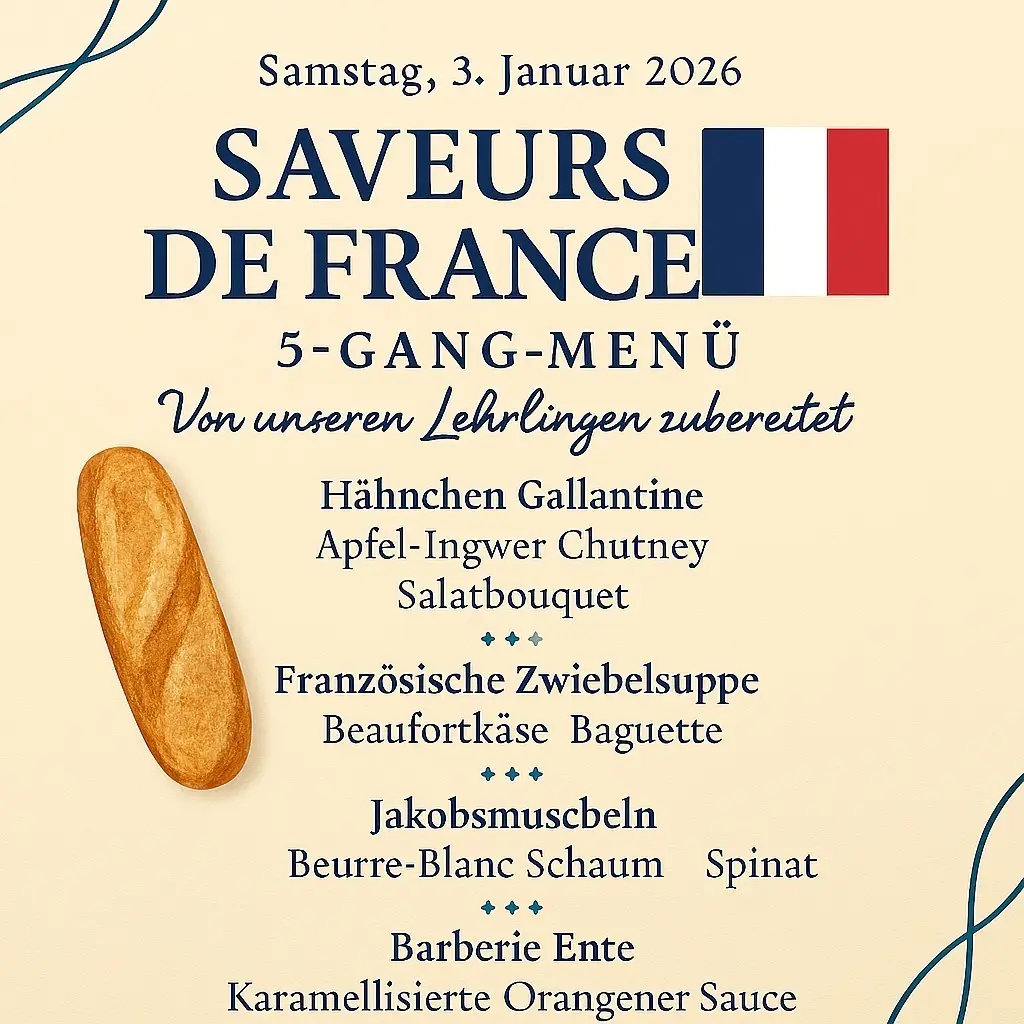 Sichere dir deinen Platz! 🗓️ Erlebe einen stilvollen Abend voller joie de vivre und französischer Raffinesse 🇫🇷 bei unserem exklusiven Event: Saveurs de France – 5-Gang-Menü im Gasthof Kreuz Egerkingen! Am Samstag, 3. Januar 2026, laden wir dich ein, die kulinarischen Meisterwerke unserer talentierten Lernenden zu entdecken. 🍽️ Tauche ein in die Aromen Frankreichs und lass dich von unserer Küche verzaubern. Unsere Lernenden zeigen, was sie können und verwöhnen deinen Gaumen mit exquisiten Kreationen. Sichere dir jetzt deinen Platz für einen unvergesslichen Abend voller Geschmack und Eleganz. ✨ https://kreuz.plus/project/kreuz-academy-lehrlingswoche-im-januar/ #gasthofkreuz #saveursdefrance #joiedevivre #französischerkulinarik #egerkingen #5gangmenü #schweizergenuss #abendevent