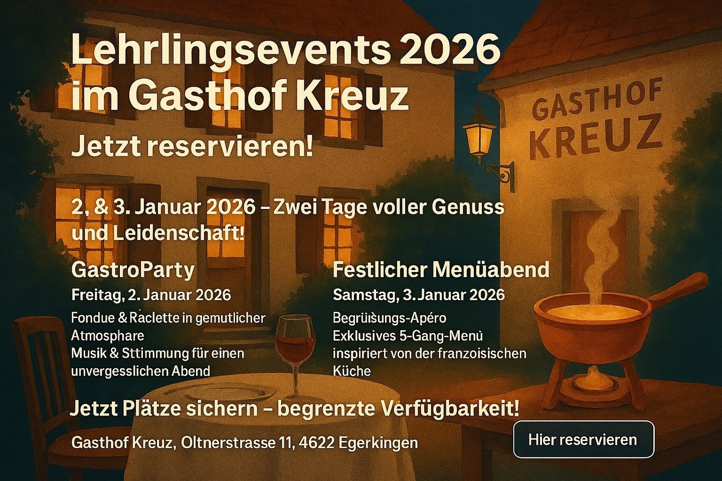 Unsere Lehrlinge laden ein – Genuss & Leidenschaft erleben! 🎉 Am 2. Januar 2026 feiern sie ihre Leidenschaft für die Gastronomie mit einer GastroParty, die Sie nicht verpassen sollten. Freuen Sie sich auf köstliches Fondue und Raclette, begleitet von mitreissender Musik und einer unvergleichlichen Atmosphäre. 🧀🎶 Doch das ist noch nicht alles! Am 3. Januar erwartet Sie ein festliches 5-Gang-Menü, inspiriert von der feinen französischen Küche, zubereitet mit Herz und Hingabe. 🇫🇷🍽️ Lassen Sie sich von der Kreativität und dem Können unserer Lehrlinge verzaubern und erleben Sie kulinarische Höhepunkte, die Ihre Sinne begeistern werden. Seien Sie dabei und geniessen Sie zwei unvergessliche Tage voller Geschmack und Leidenschaft. Wir freuen uns auf Sie! ✨ #genussundleidenschaft #gastroparty #fondue #raclette #französischeküche #schweiz #kulinarik #erlebnis