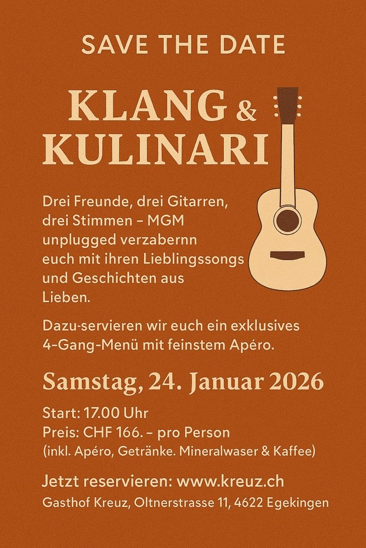 🍽️ KULINARIK trifft Musik 🎸 Erlebt einen unvergesslichen Abend mit MGM unplugged und einem exklusiven Menü im Gasthof Kreuz Egerkingen: 🥂 KLANG-APERO Käsemöckli | Gewürznüsse | Speckpraline | Knoblauch-Crevetten Glühwein | Weisswein | Bier | Mineralwasser 🍴 4-Gang-Menü Randen-Mousse mit Rauchforelle & Zwiebelconfit Kokos-Knoblauch-Suppe Rindsentrecote mit Dijon-Senf-Hollandaise, Gemüse & Kartoffelstampf Karamellbirne mit Nussstreusel & Schokoladensorbet Auch vegetarisch buchbar! 🌱 Jetzt reservieren: www.kreuz.ch https://kreuz.plus/project/mgm-unplugged-klang-kulinarik-kreuz-egerkingen/ #Kulinarik #LiveMusik #MGMunplugged #GasthofKreuz #Egerkingen #GenussErleben