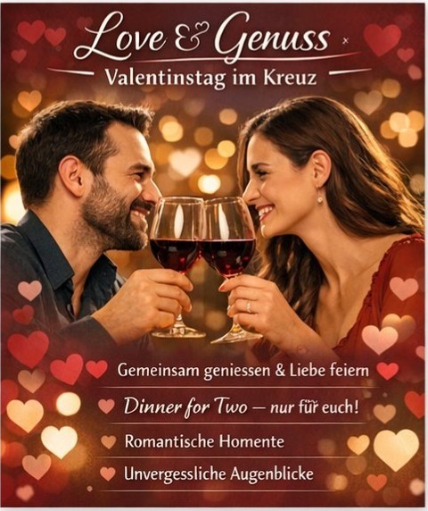 ✨ Valentinstag im Gasthof Kreuz ✨ Zu lieben ist Segen — geliebt zu werden ist Glück. ❤️ Gönnt euch am 14. Februar ein unvergessliches romantisches Dinner bei uns! Mit exklusivem 3- oder 5-Gang-Valentinsmenü voller Geschmack & Liebe. 🍷🥂 👉 Reserviert jetzt euren Tisch: https://kreuz.plus/project/valentinstag/ #Valentinstag #DateNight #ValentinsDinner #GasthofKreuz #Egerkingen