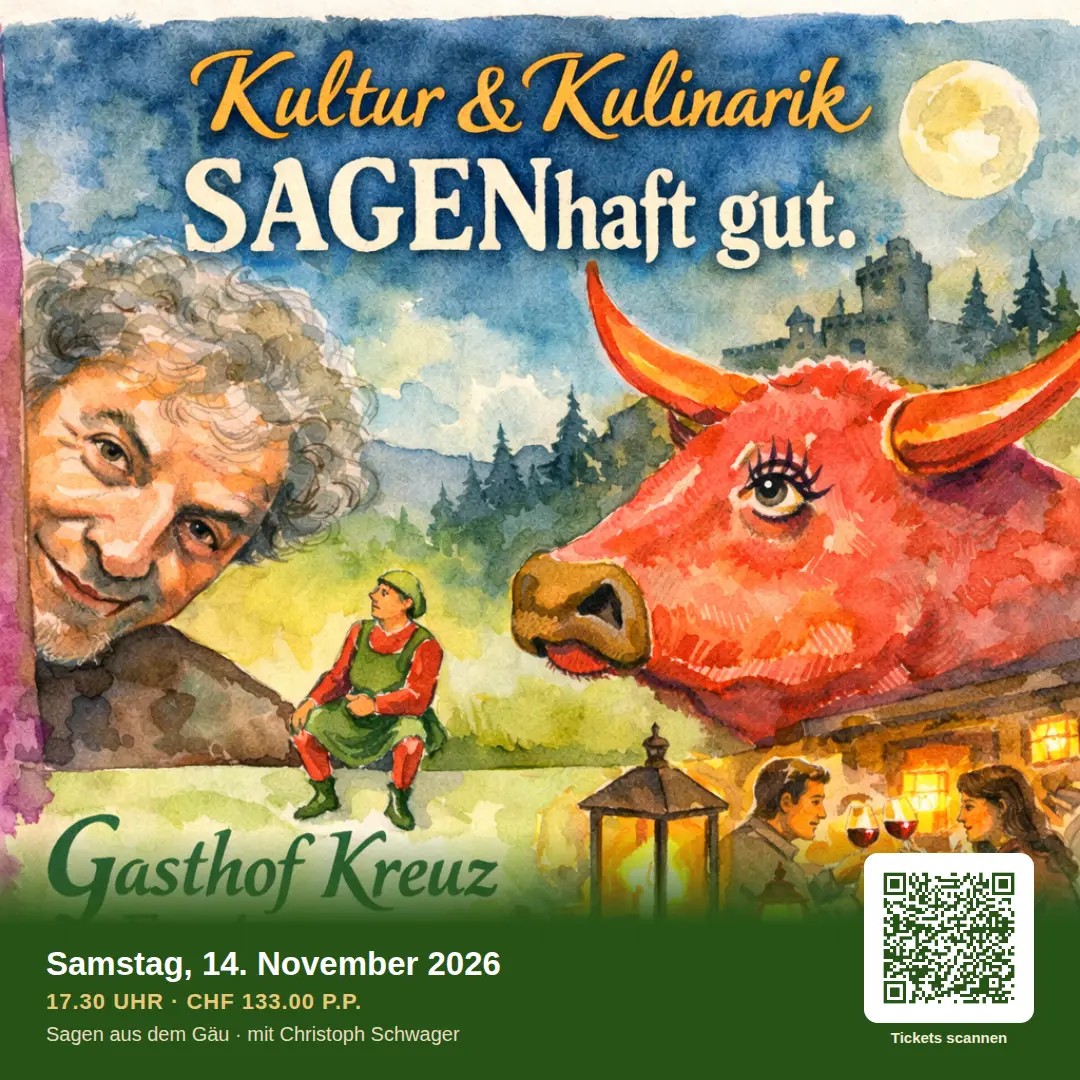 Kennen Sie die Sage vom RibischteiSie spielt in Egerkingen und handelt von nassen Füssen. Mehr wird hier nicht verraten — Christoph Schwager erzählt sie am 14. November, zwischen Vorspeise und Hauptgang.Dazu kommen der Nachtwächter von Holderbank und das Gäutier in zwei Teilen.Samstag, 14. November, ab 17.30 UhrCHF 133.00 pro Person, alles inbegriffenTickets über den Link in der Bio.#KulturUndKulinarik #SAGENhaftGut #GasthofKreuz #Egerkingen #Sagen #Gaeu #Ribischtei #Erzaehltheater #Solothurn #RegionGaeu #Geniessen #AusSpassAmGenuss