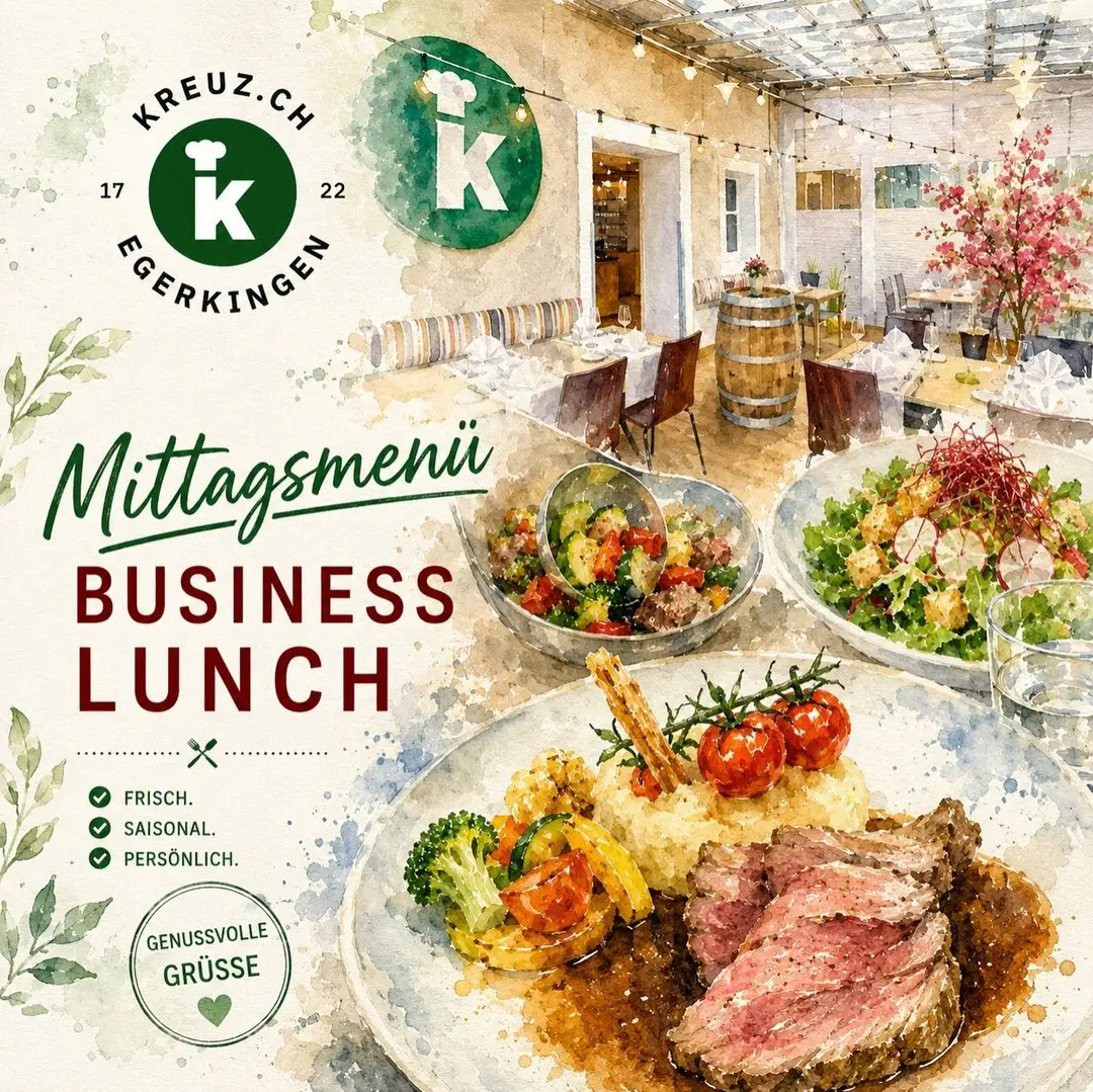 Guten Morgen! ☀️ Der erste Junitag begrüsst uns – und wir Sie mit feinen Menüs im Gasthof Kreuz!TAGESMENÜS MONTAG, 1. JUNI 2026inkl. Suppe oder Salat🥩 Fleisch: Rindsfilet Chimi Churri mit Kartoffelstampf und grünen Bohnen — CHF 29.00🐟 Fisch: Hechtknusperli mit Pommes Frites, Gurkensalat und Sauce Tartar — CHF 27.00🌱 Vegetarisch: Erbsen-Patty mit Bratkartoffeln, Guacamole, Humus und weissem Spargel — CHF 25.00🍽️ BUSINESS LUNCH — CHF 55.00Vorspeise: Gebackene Kalbsmilke mit getrockneter WassermeloneHauptgang zur Wahl: Zürcher Geschnetzeltes mit Rösti und Gemüse ODER Lachs mit Bratkartoffeln und weissem SpargelDessert: Zwei Mini-DessertsÀ LA CARTEKreuz Salat – Blattsalat, Reckenkiener Gruyère AOP, Haselnüsse, Knoblauchcroutons, Hausdressing — CHF 16.00Tatar Kreuz – 100 % Rindfleisch, Kräuter, Olivenöl, Knoblauch, Himalaya Salz, Toastbrot — CHF 26.00Karotten-Kokos-Ingwersuppe — CHF 15.00Schwein Rahmschnitzel – Champignon-Rahmsauce, Gemüse — CHF 31.00Cordon Bleu vom Schwein – Blauschimmelkäse oder Gruyère, Bauernschinken, Gemüse, Zitrone — CHF 32.00Rindsfilet – Kalbsjus, Honig-Zwiebel-Konfit, Gemüse – Ladies Cut 120 g — CHF 48.00Nehmen Sie sich eine Auszeit vom Alltag und geniessen Sie bei uns eine entspannte Mittagspause. Wir freuen uns auf Sie – Ihre Kreuz-CrewKreuzen Sie Messer & Gabel.#kreuzegerkingen #mittagstisch #businesslunch #genuss #egerkingen