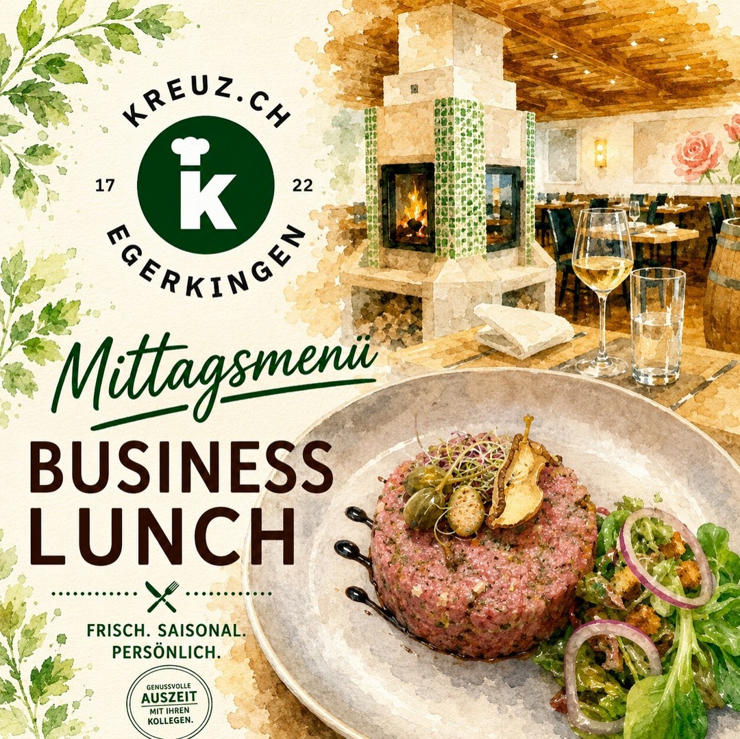 Guten Morgen und einen wunderschönen Freitag! ☀️Heute verwöhnen wir Sie mit feinen Menüs – perfekt für eine genussvolle Mittagspause im Kreuz.TAGESMENÜS(inkl. Suppe oder Salat)🥩 Fleisch: Kalbshackbraten mit Spiegelei, Kartoffel-Birnen Gratin, Pfälzerkarotten — CHF 29.00🐟 Fisch: Red Snapper mit Tagliatelle, Brokkoli — CHF 27.00🥗 Vegetarisch: Kartoffel-Birnen Gratin mit Spiegelei, Gemüseragout — CHF 25.00🍽️ BUSINESS LUNCH — CHF 55.00Vorspeise: Gebackene Kalbsmilken, Pfirsichsugo, GurkencarpaccioHauptgang Fleisch: Zürcher Geschnetzeltes, Röstikroketten, GemüseHauptgang Fisch: Lachs, Bratkartoffeln, weisser SpargelDessert: Zwei Mini DessertsÀ LA CARTE – VORSPEISEN• Kreuz Salat – Blattsalat, Reckenkiener Gruyère AOP, Haselnüsse, Knoblauchcroutons, Hausdressing — CHF 16.00• Tatar Kreuz – 100% Rindfleisch, Kräuter, Olivenöl, Knoblauch, Himalaya Salz, Toastbrot — CHF 26.00• Karotten-Kokos-Ingwersuppe — CHF 15.00À LA CARTE – HAUPTGÄNGE• Schwein Rahmschnitzel – Champignon-Rahmsauce, Gemüse — CHF 31.00• Cordon Bleu vom Schwein – Blauschimmelkäse oder Gruyère, Bauernschinken, Gemüse, Zitrone — CHF 32.00• Rindsfilet – Kalbsjus, Honig-Zwiebel-Konfit, Gemüse (Ladies Cut 120g) — CHF 48.00Lassen Sie den Alltag hinter sich und gönnen Sie sich bei uns eine entspannte Mittagspause mit gutem Essen.Ihre Kreuz-CrewKreuzen Sie Messer & Gabel.#kreuzegerkingen #mittagstisch #businesslunch #genuss #egerkingen