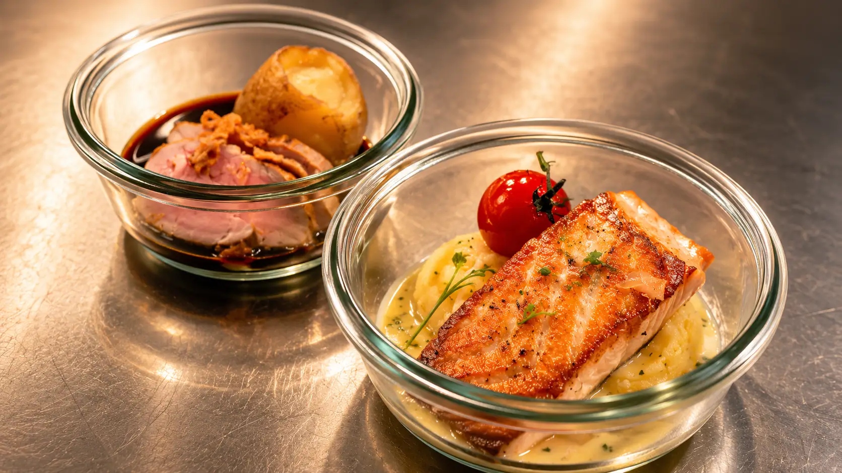 Flying Menü im Gasthof Kreuz Egerkingen – gebratenes Fischfilet auf Kartoffelpüree im Glas