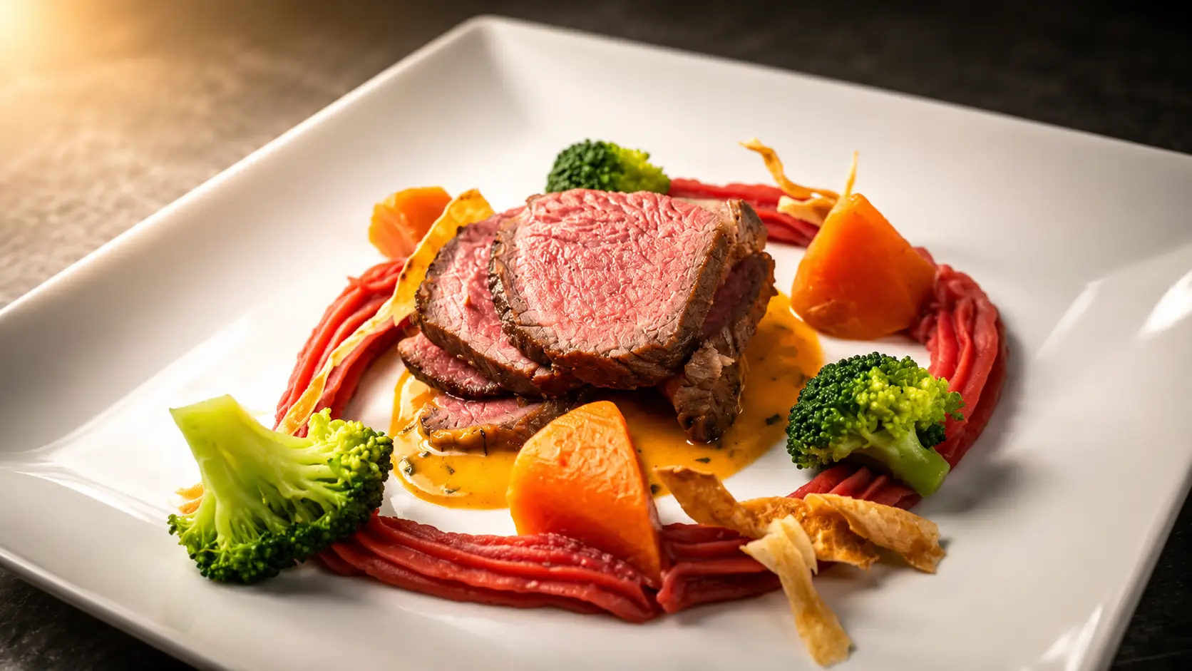 Rosa gebratenes Rindsfilet mit Broccoli, Karotten und rotem Gemüsepüree – Gourmet Surprise Menü im Gasthof Kreuz Egerkingen
