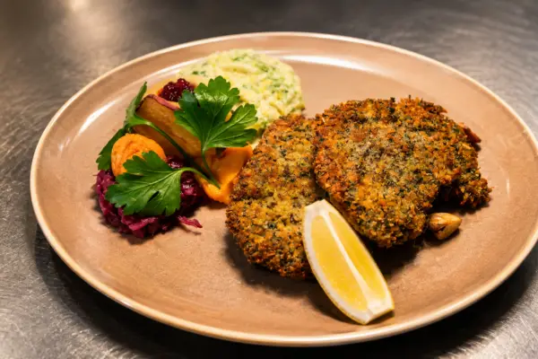 Zwei panierte Wildschwein-Schnitzel mit Kräuterpanade, Zitronenschnitz, Kräuterspätzli, Rotkraut und Kürbis auf beigem Teller im Gasthof Kreuz Egerkingen