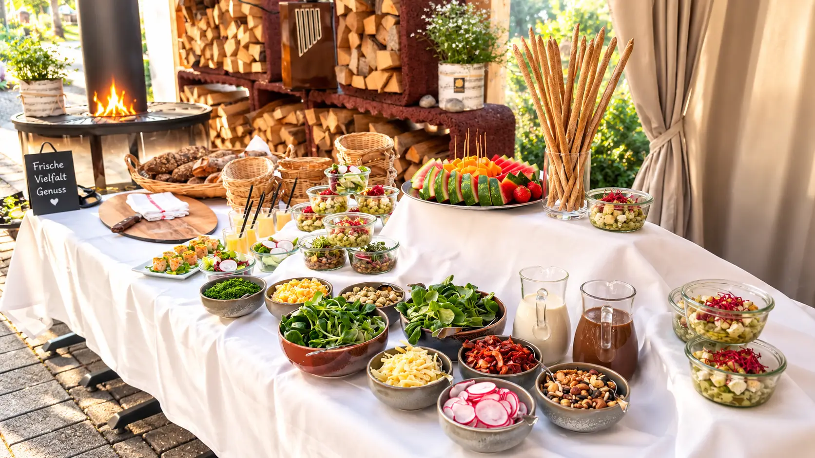 Buffet des Gasthofs Kreuz Egerkingen vor einem offenen Feuer mit Platten voller Brot und Antipasti