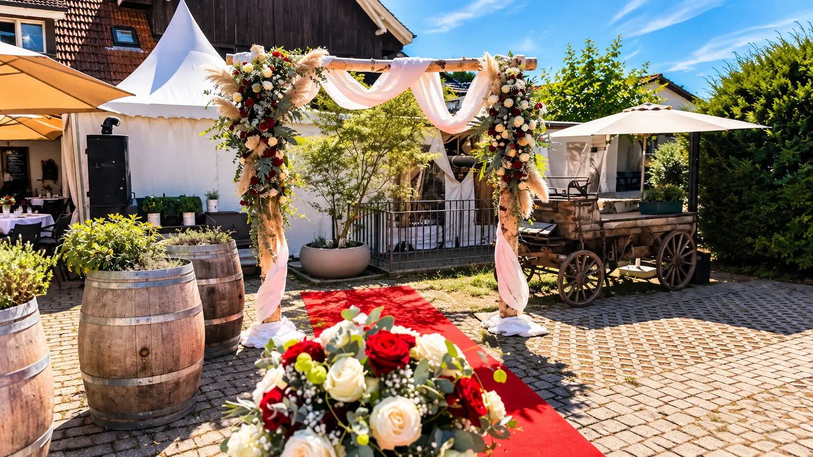 Blumenbogen und roter Teppich im Innenhof des Gasthofs Kreuz Egerkingen, flankiert von Weinfässern