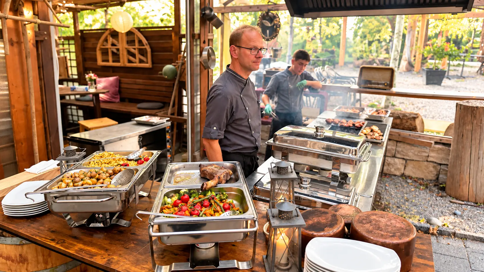 Warmes Buffet in der Laube des Gasthofs Kreuz Egerkingen mit Kartoffeln, Gemüse und Braten