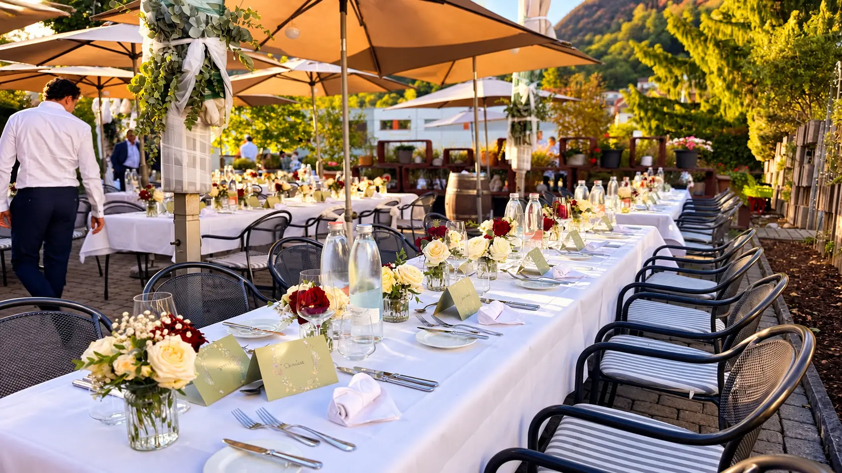 Festlich gedeckte Hochzeitstafel auf der Terrasse des Gasthofs Kreuz Egerkingen unter grossen Sonnenschirmen