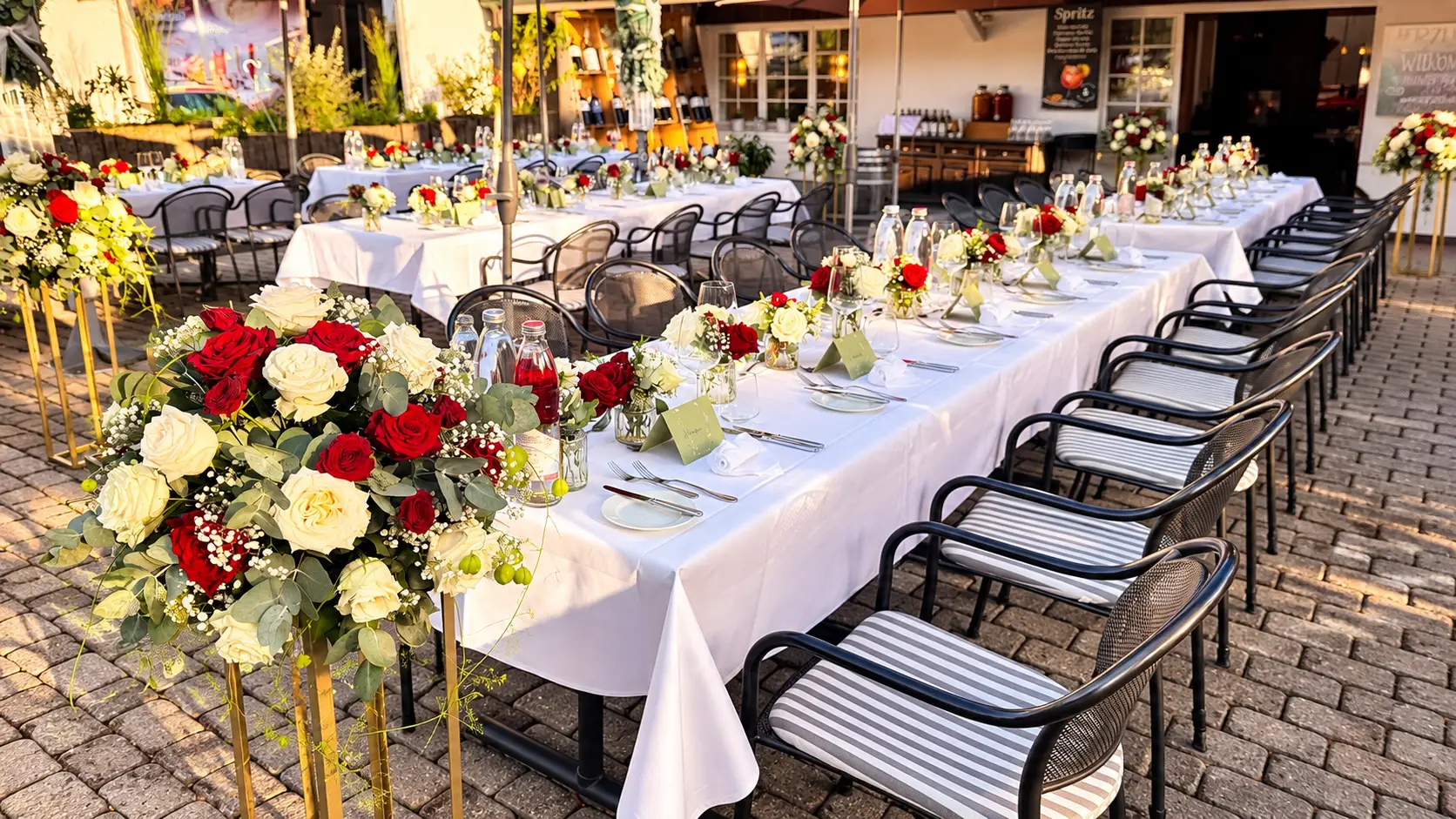 Rosengestecke auf goldenen Ständern entlang der Hochzeitstafel auf der Terrasse des Gasthofs Kreuz Egerkingen